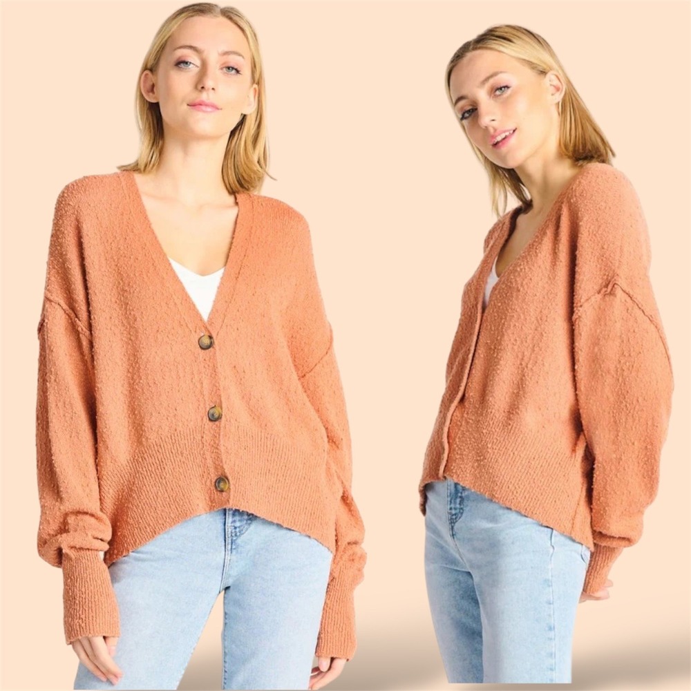 Free People Textured Button Front Cardigan Orange M